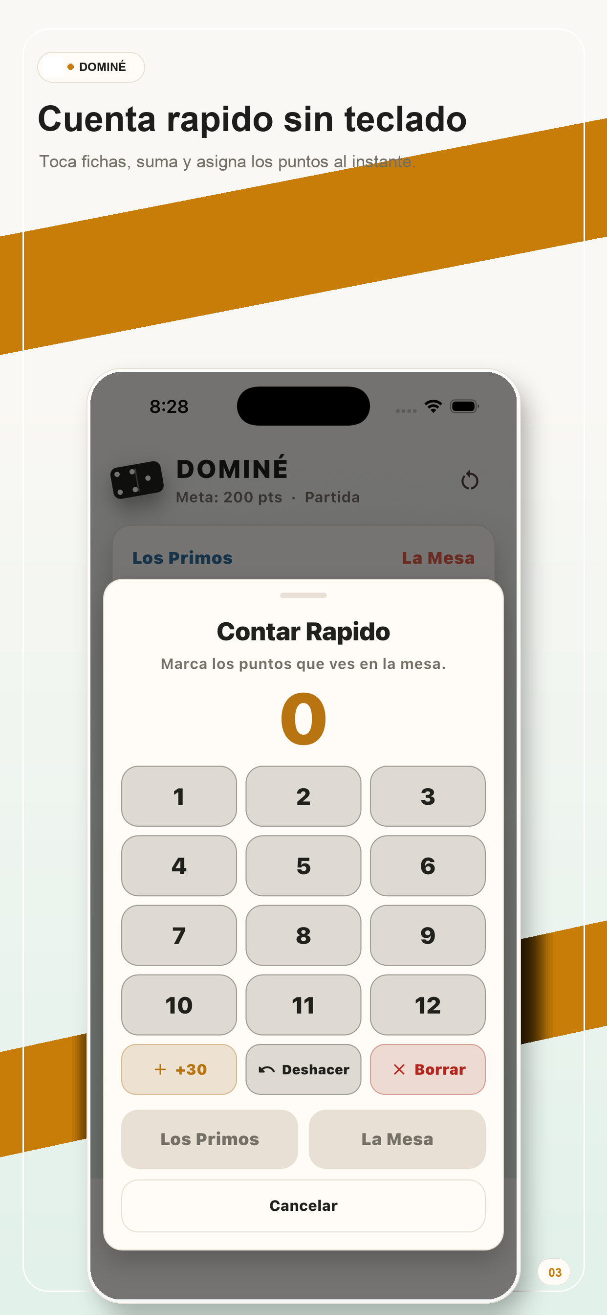 Pantalla de conteo rápido de Dominé