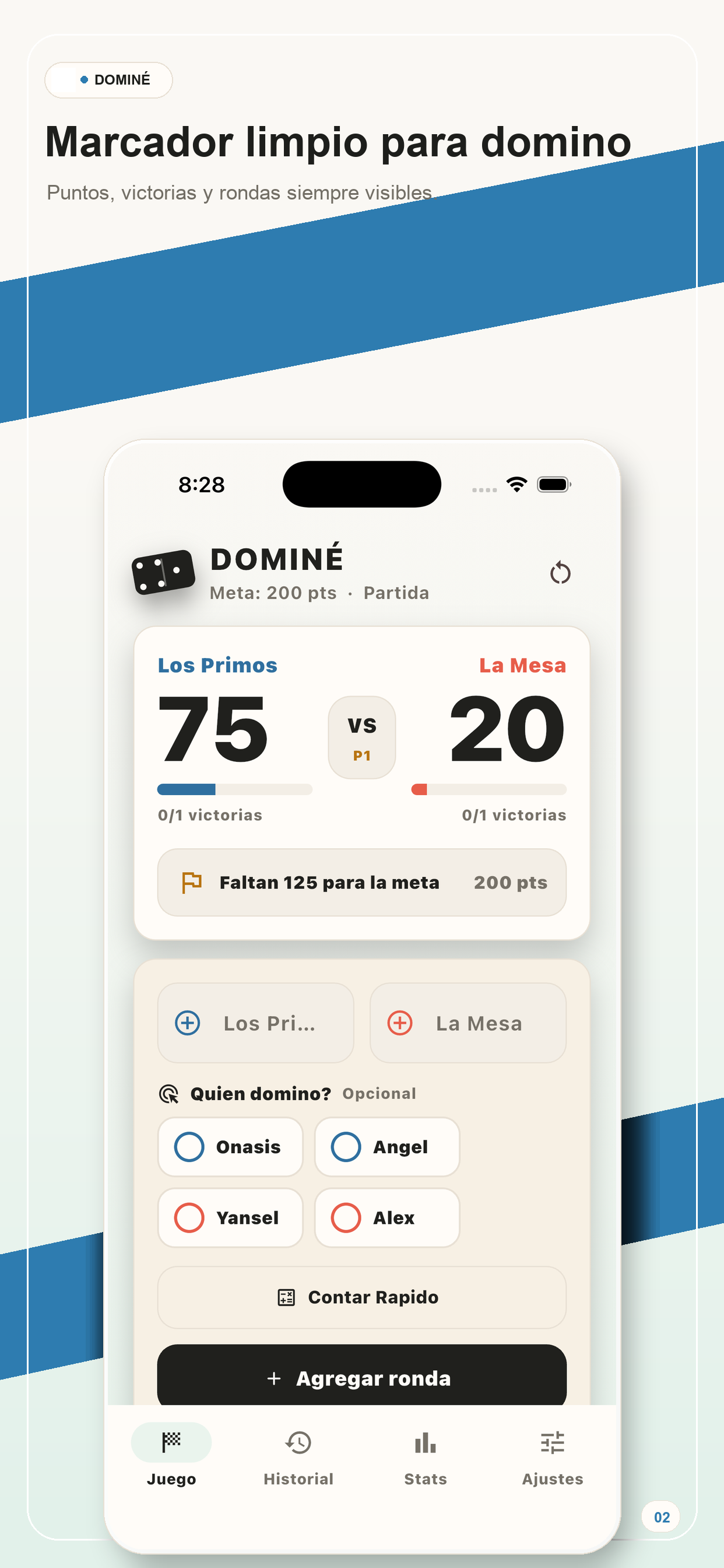 Pantalla del marcador de Dominé